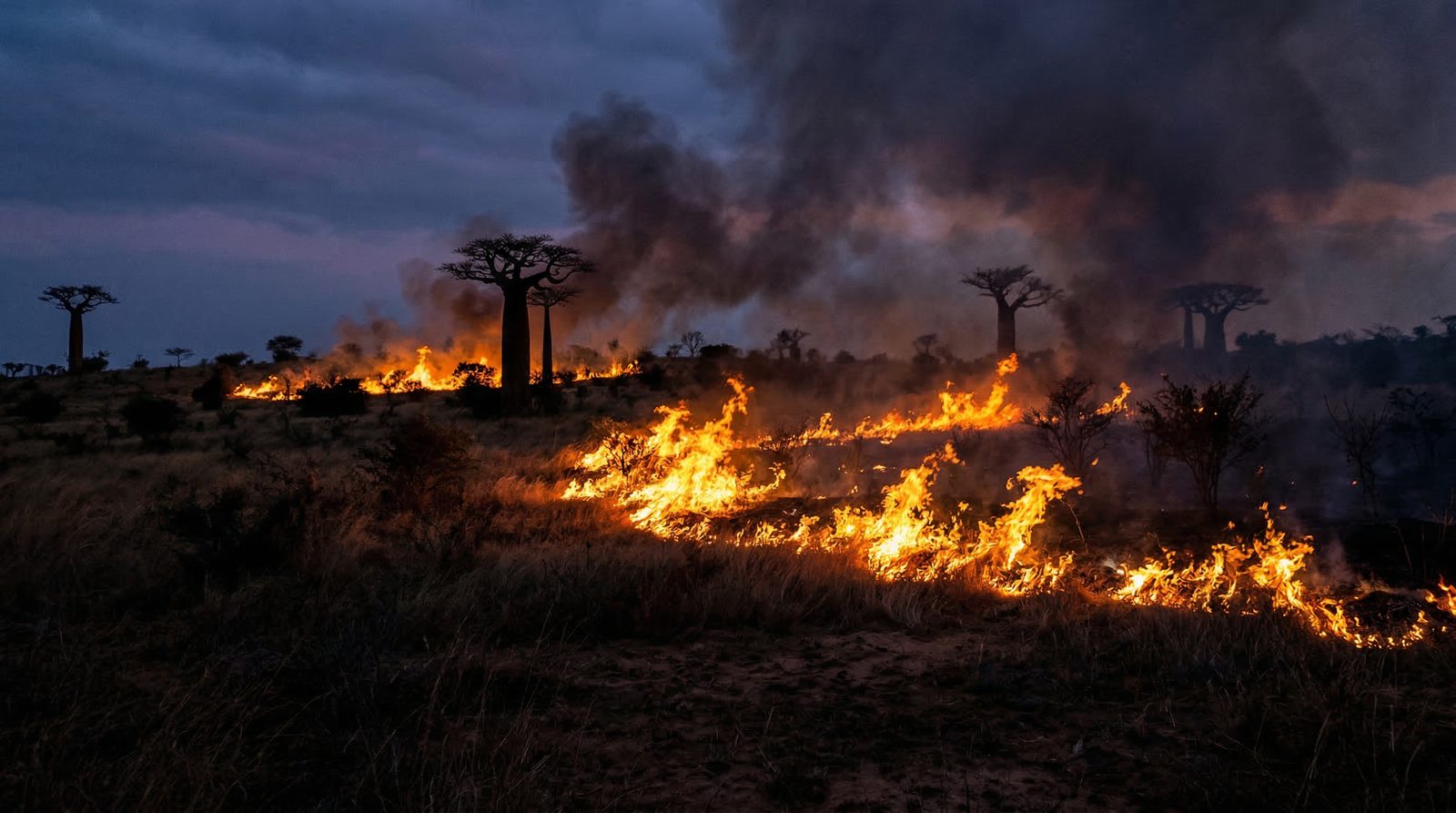 Vegetation fire burning at night