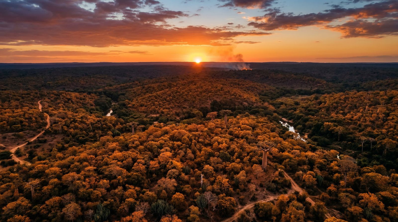Madagascar landscape with fire glow at sunset