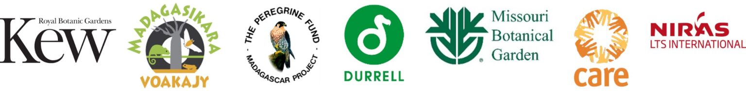 Partner organisation logos including Kew, Madagascar Voakajy, Peregrine Fund, Durrell, Missouri Botanical Garden, CARE, and NIRAS